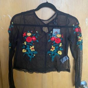 size M black sheer long sleeve crop top with floral stitching